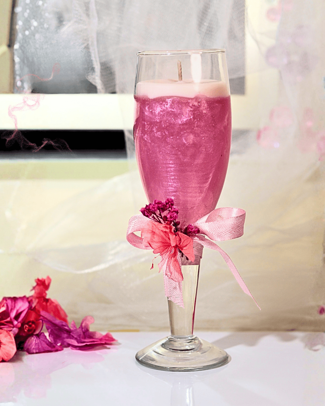 Pink Champagne Scented Candle with flowers and ribbon decor - Silky Zest