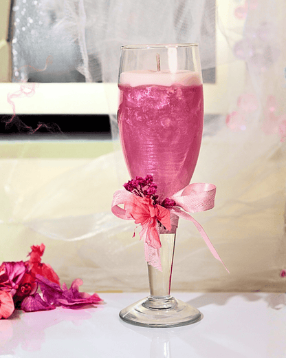 Pink Champagne Scented Candle with flowers and ribbon decor - Silky Zest